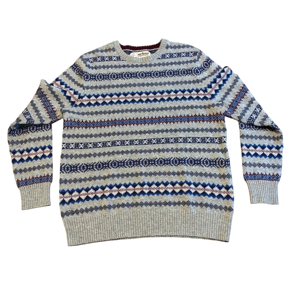 Men XL Sweater gray geometric stripes preppy collegiate cabincore gorpcore bloke